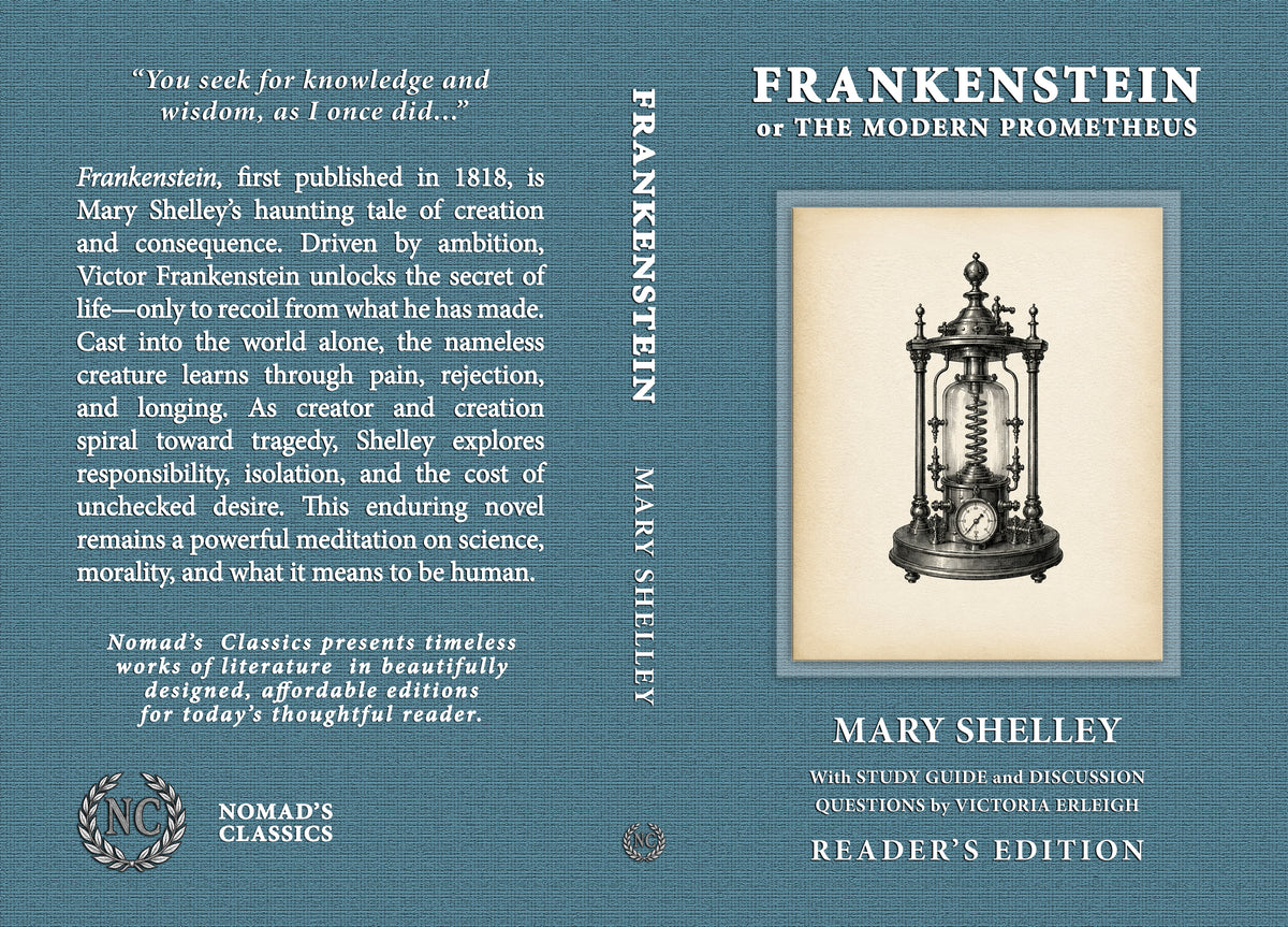 Complete front cover, spine, and back cover layout for the Frankenstein Reader's Edition by Nomad's Classics.